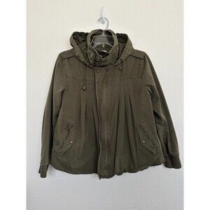 NSF Anorak Jacket Army Green Frayed Hem Buckle Hooded Mock Neck Women's Medium